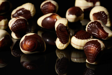 Whole chocolates in seafood shapes on black background