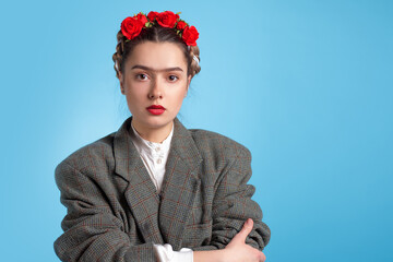 young woman in the image of the Mexican artist Frida