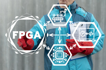 Industry concept of FPGA - Field Programmable Gate Array. Circuit Technology Production.