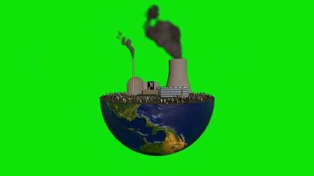 Earth Globe Holding Polluting Factory And People, Green Screen Chromakey