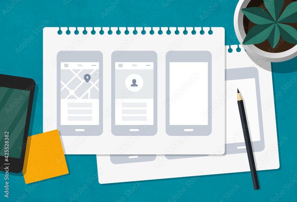 Wall mural flat lay illustration of mobile app wireframe sketches over ux ui designer desk.