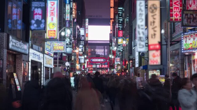 TOKYO, JAPAN: 4K time lapse video of Kabukicho, Shinjuku District at night. Blurred logos