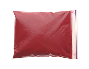 Red powder in plastic bag isolated on white, top view. Holi festival celebration