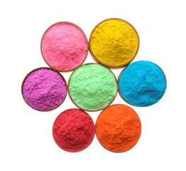 Colorful powders in bowls on white background, top view. Holi festival celebration