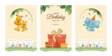 Set banner Invitation birthday greeting card with a cute animal. jungle animals celebrate children's birthday and template invitation papercraft style vector illustration.