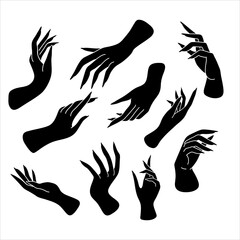 Witch hands silhouette. Set of elegant female hands in a minimal flat style. Collection of different gestures. Logos for cosmetics, jewelry, beauty products, spa, manicure. Hand drawn boho vector.