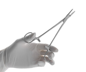 Doctor holding surgical forceps on white background, closeup. Medical instrument