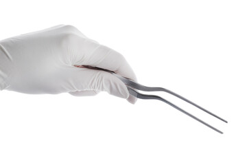 Doctor holding surgical forceps on white background, closeup. Medical instrument