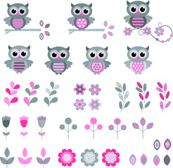 Isolate pink and grey owls and flowers 