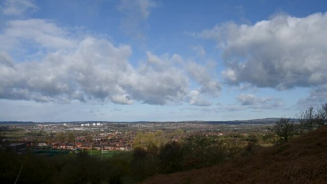 A time lapse of the city of Stoke on Trent skyline during the daytime showing rolling clouds April 2021