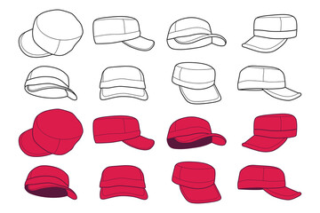 Caps cartoon vector set isolated on a white background.