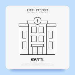 Hospital building thin line icon. Pixel perfect, editable stroke. Vector illustration.