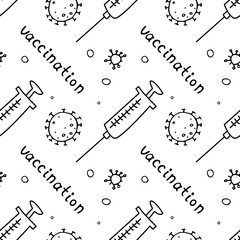 Vector seamless pattern on theme of vaccination. Contour molecules, coronavirus cells and a vaccine syringes. Medical background and texture in the Doodle style