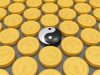goldene Euromünze und Yin und Yang - Symbole