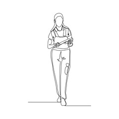Continuous line drawing of young female mechanic pose holding set of wrench. Single one line art of professional job profession minimalist concept. vector illustration