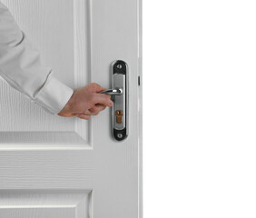 Man opening wooden door on white background, closeup