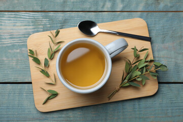 Cup of aromatic eucalyptus tea on light blue wooden table, top view