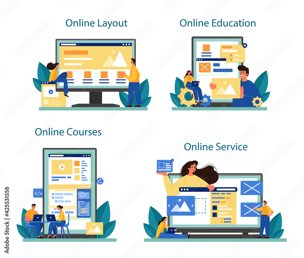 Poster website layout online service or platform set. web development