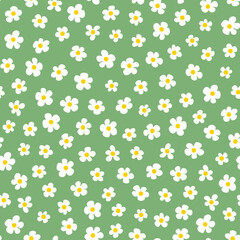 Cute ditsy daisy vector flowers random placed with green background.