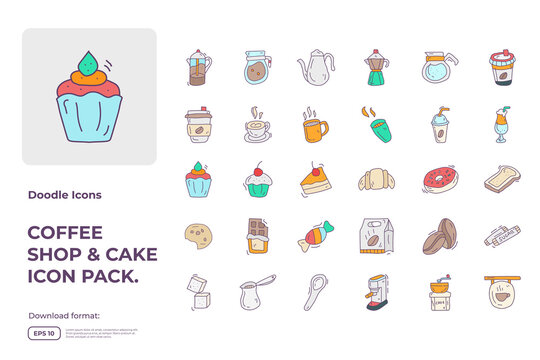 Coffee shop and cake concept doodle icon set. fill color style food Icons sign symbol vector illustration