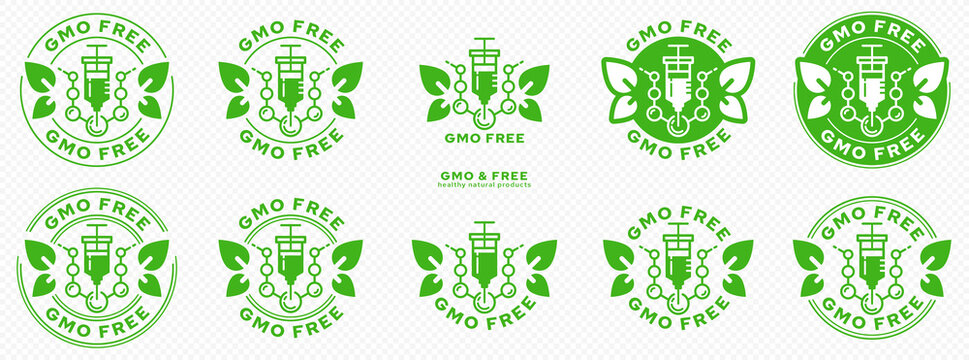 Concept for product packaging. Labeling - GMO-free. Syringe with drug and molecule - gene. Modifying injection of a molecule with wings-leaves - a symbol of pure natural products. Vector set.