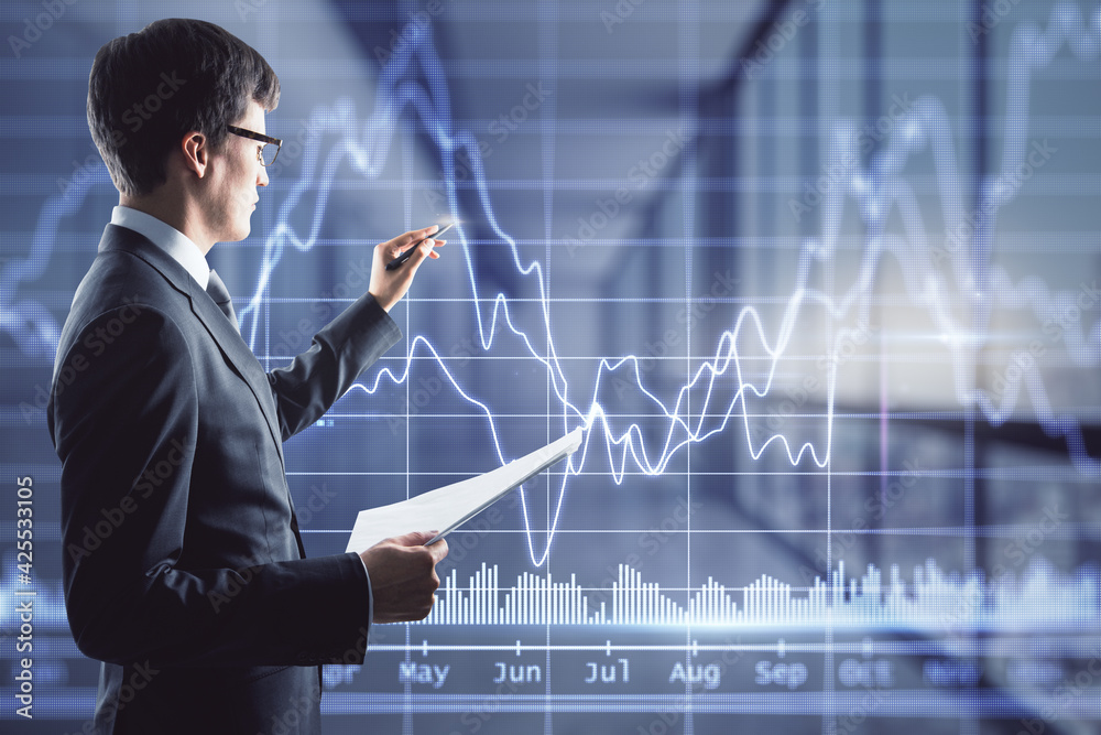 Aufkleber stock market analyzing concept with trader writing on digital touch screen with financial chart
