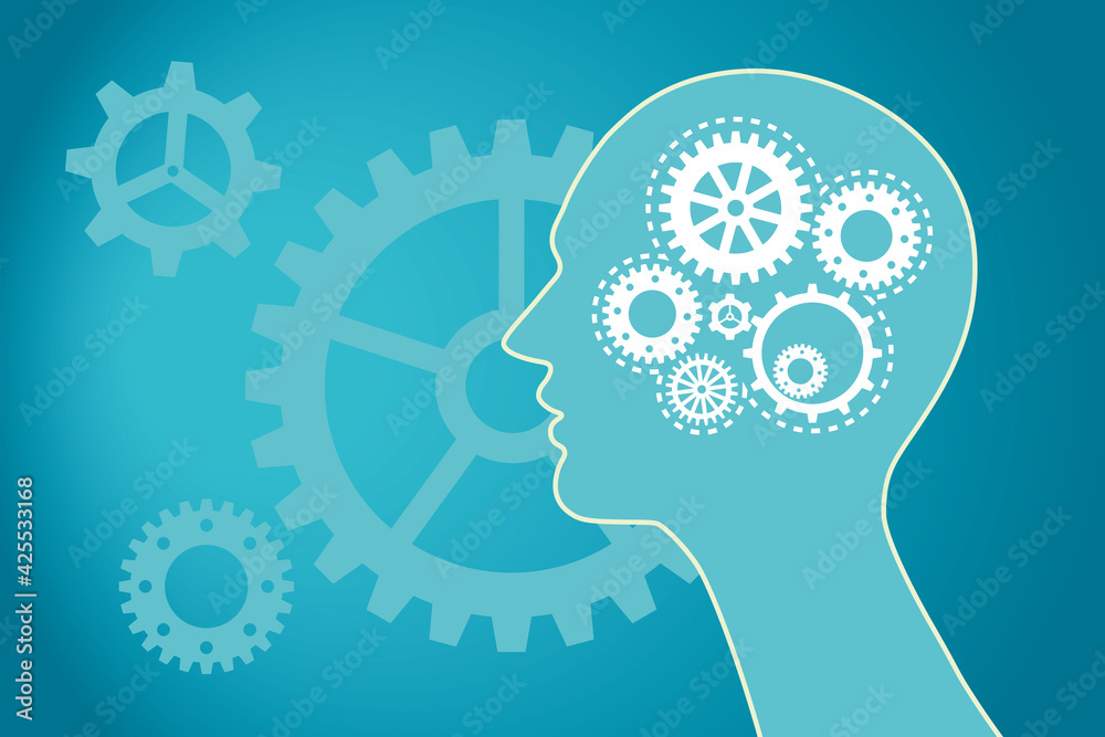 Poster White gears inside a head on blue background, abstract picture, brainstorm and idea concept. 3d rendering