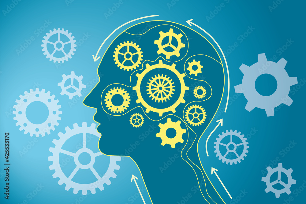 Poster Yellow gears inside a head, abstract sketch, blue background with multiple white gears, idea and thinking concept. 3d rendering