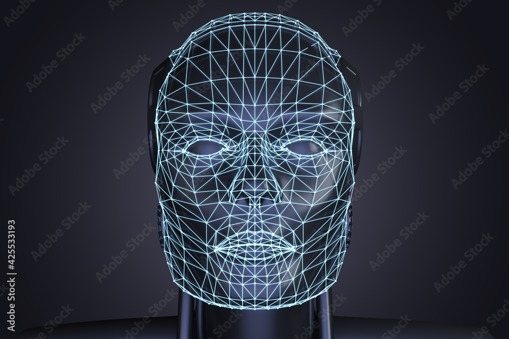 Poster artificial black face with blue vectors on dark background, artificial and robotic intelligence conc