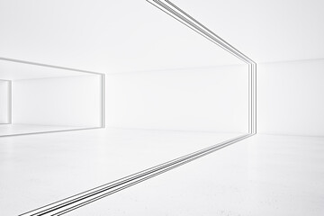 Side view on light interior design in empty hall room divided by frames. 3D rendering, mockup