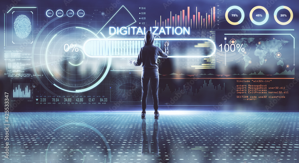 Poster Digitalization concept with human back working in virtual reality room with stats data indicators on digital screen