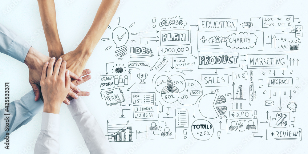 Aufkleber business plan concept with human hands in a pile and handwritten sketch of business indicators and s