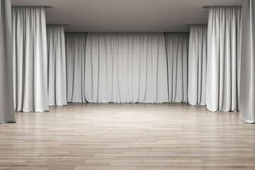 Empty stage with wooden floor and light curtains on the sides. 3D rendering, mock up