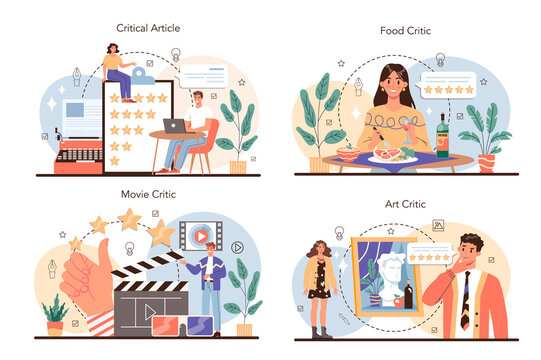 Professional critic concept set. Journalist making review and ranking food