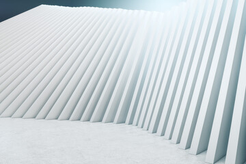 Abstract diagonal white concrete wall made of multiple columns in an empty room, concrete floor and artificial light, showroom and art object concept. 3d rendering