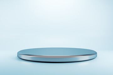Round metallic empty podium on light background. 3D rendering, mockup