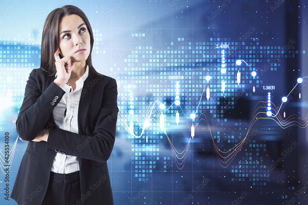 Aufkleber big data analysis concept with businesswoman on virtual wall background with glowing digital pixel w
