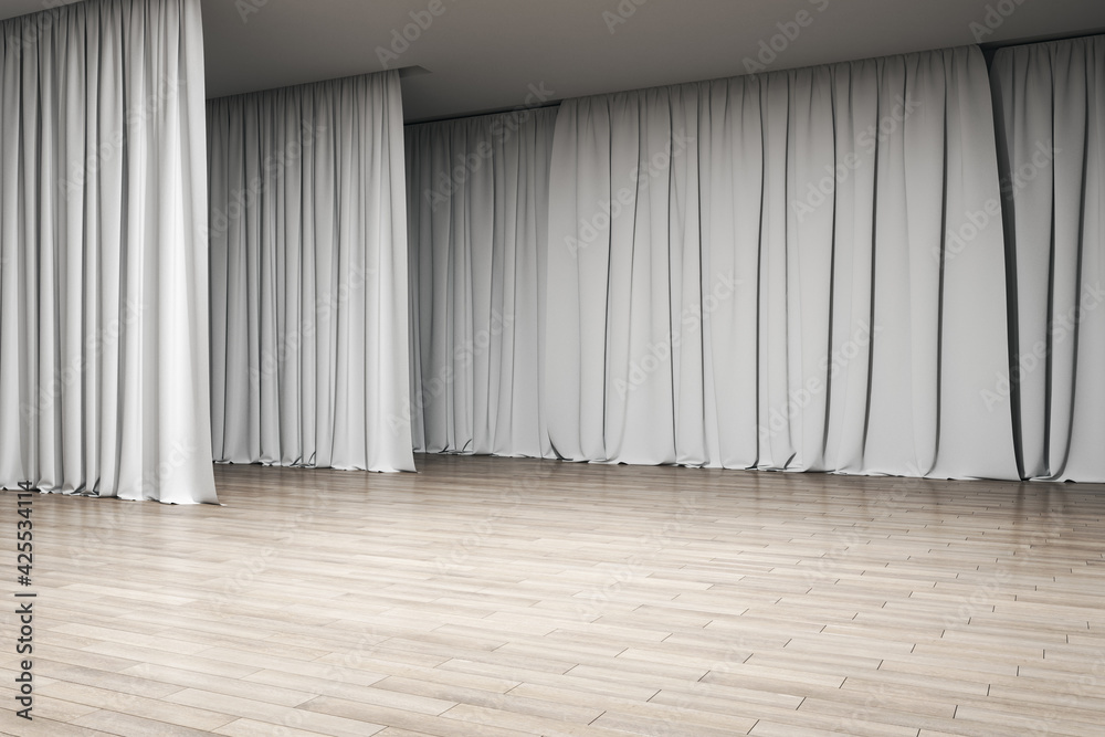Aufkleber Side view on light backstage in empty performance hall with wooden floor. 3D rendering, mockup