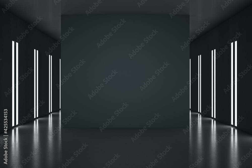 Poster Black partition with copyspace in the center of stylish black room with led lights on walls. 3D rendering, mockup