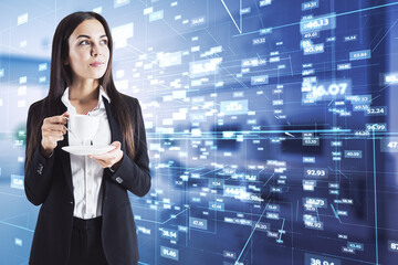 Businesswoman faced back to trading charts in the background looking at them, city view, data and market analysis concept. Double exposure