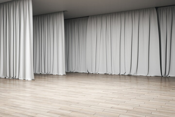Side view on light backstage in empty performance hall with wooden floor. 3D rendering, mockup