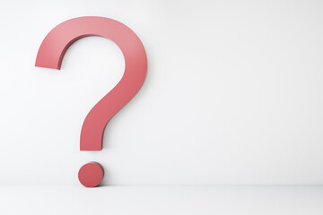Red question sign on white wall background. 3D rendering, mockup