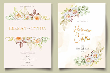 Floral wedding invitation template set with elegant brown leaves