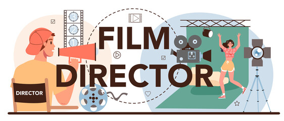 Film director typographic header. Movie director leading a filming process