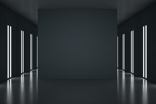 Black partition with copyspace in the center of stylish black room with led lights on walls. 3D rendering, mockup