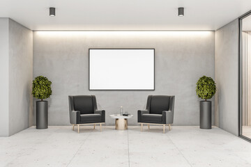 Empty bright waiting room in a hotel with a blank white poster, black chairs, concrete floor and walls, flowers in flowerpots and a coffee table, interior design concept. 3d rendering, mock up