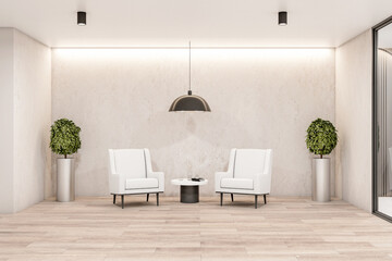 Empty bright waiting room in a hotel with white chairs, wooden floor and marble walls, flowers in flowerpots and a coffee table, interior design concept. 3d rendering