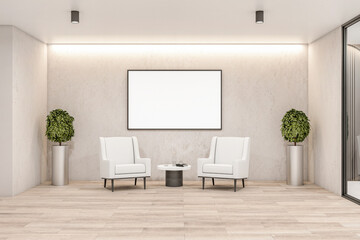 Empty bright waiting room in a hotel with a blank white poster, white chairs, wooden floor and marble walls, flowers in flowerpots and a coffee table, interior design concept. 3d rendering, mock up