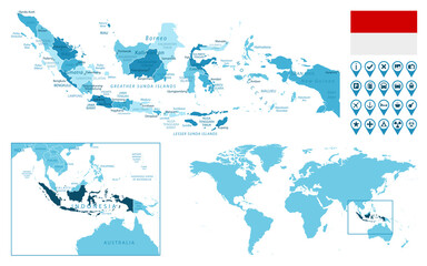 Indonesia detailed administrative blue map with country flag and location on the world map. Vector illustration