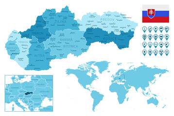 Slovakia detailed administrative blue map with country flag and location on the world map. Vector illustration